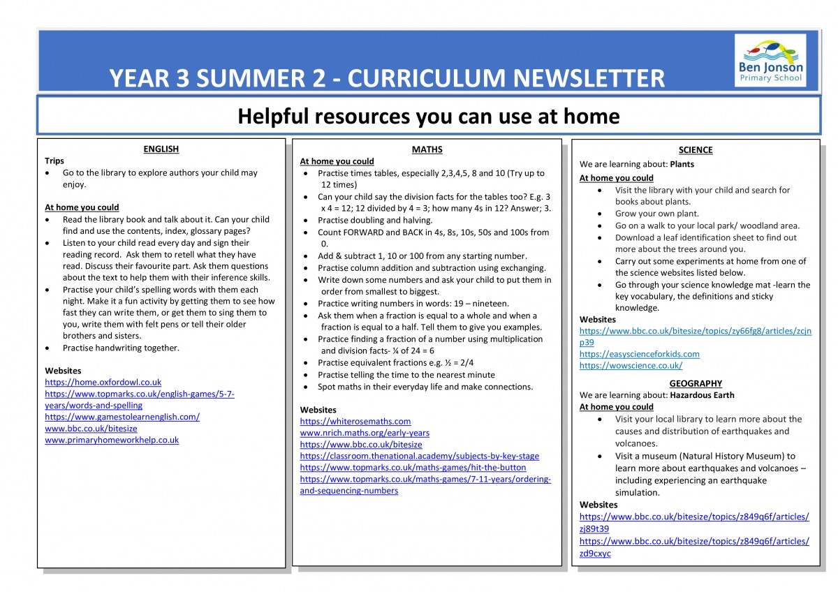 Summer 2 Curriculum Newsletter - Year 3 - Ben Jonson Primary School